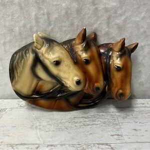 Chalkware Wall Hanging Three Horse Heads 3-Dimensional 3D Clydesdales Racing